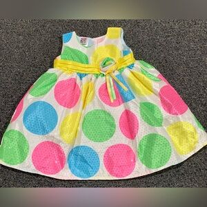 Colorful Polka Dot Girls Dress with Yellow Waist Sash